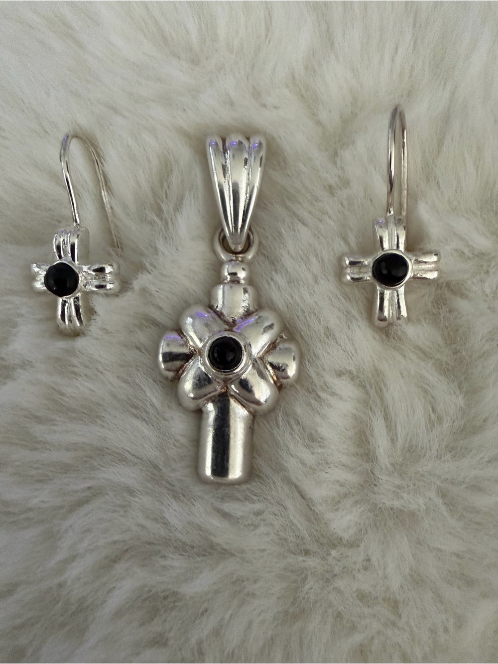 Premier Silver Cross Pendant and Black Stone Hook Earrings Set
